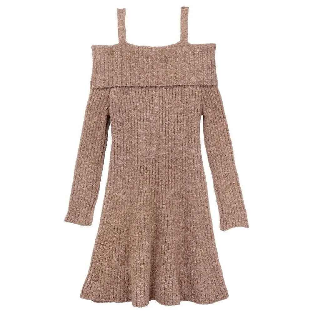 C1 Rare Editions Fuzzy Lurex Dress Cold Shoulder Taupe, Size 12